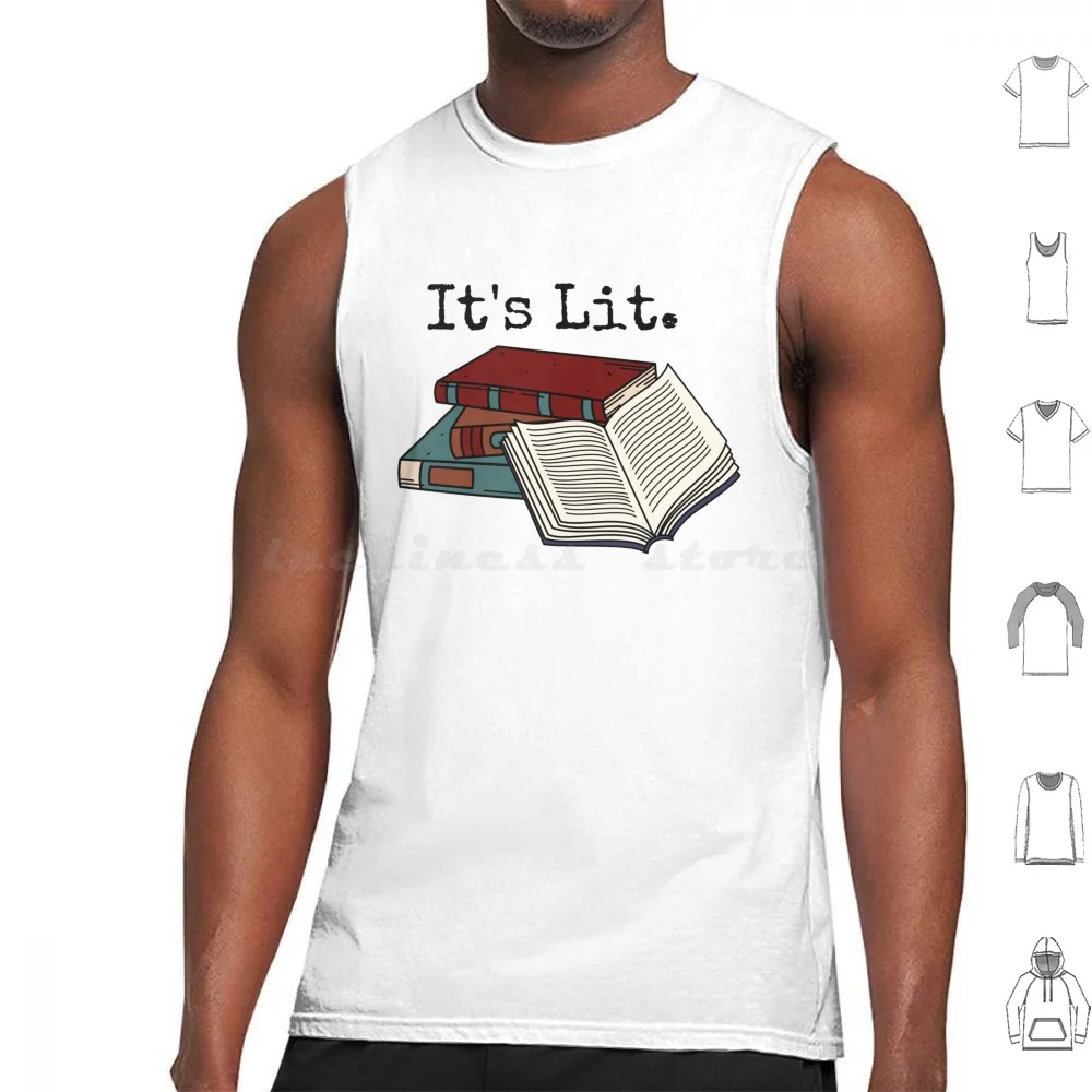 Its Lit Tank Tops Print Cotton Literature Pun Library Librarian Books Old Book School Bookshelf Learning Vintage Laptop