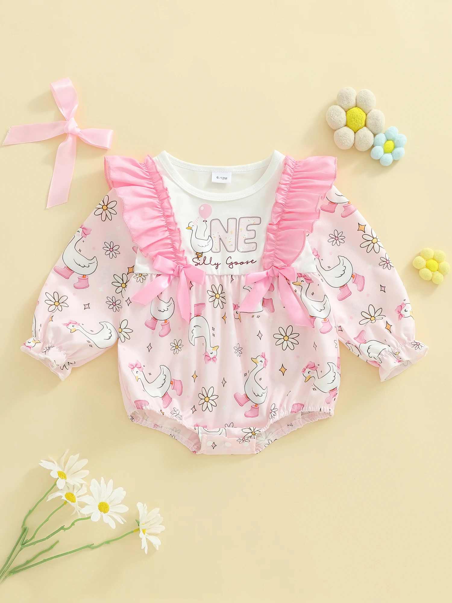 

Toddler Girls Autumn Bubble Romper with Cute Animal Print and Long Sleeves Round Neckline and Ruffled Details for a Stylish