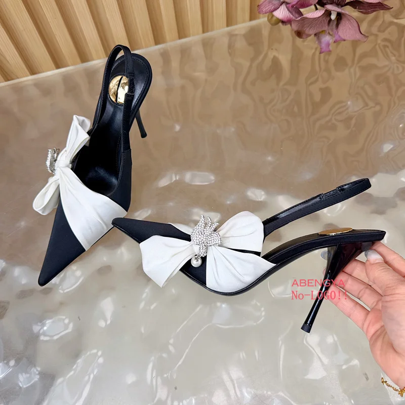 2026 Hot Sale Silk High Heel Shoes Women Pointy Toe Crystal Bowknot Slingback Mules Dress Shoes Summer Party Prom Shoes Woman