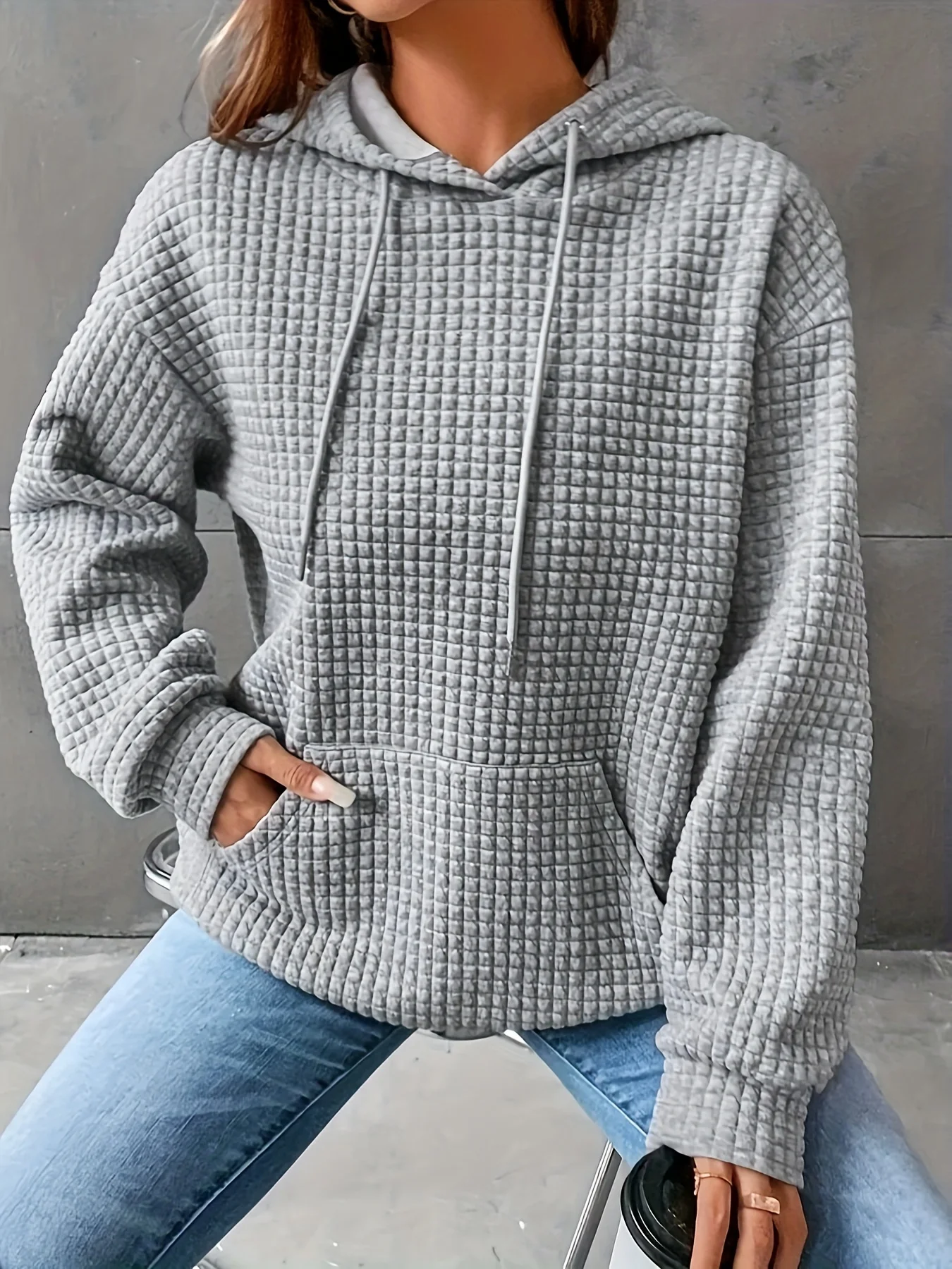 Plus size Loose fitting pullover hooded long sleeved hoodie for women with drawstring off shoulder kangaroo style pocket hoodie