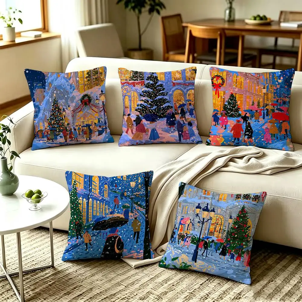 winter night snow street Pillow Case Living Room Sofa Cushion Cover Suitable For Home Bedroom Room Decoration