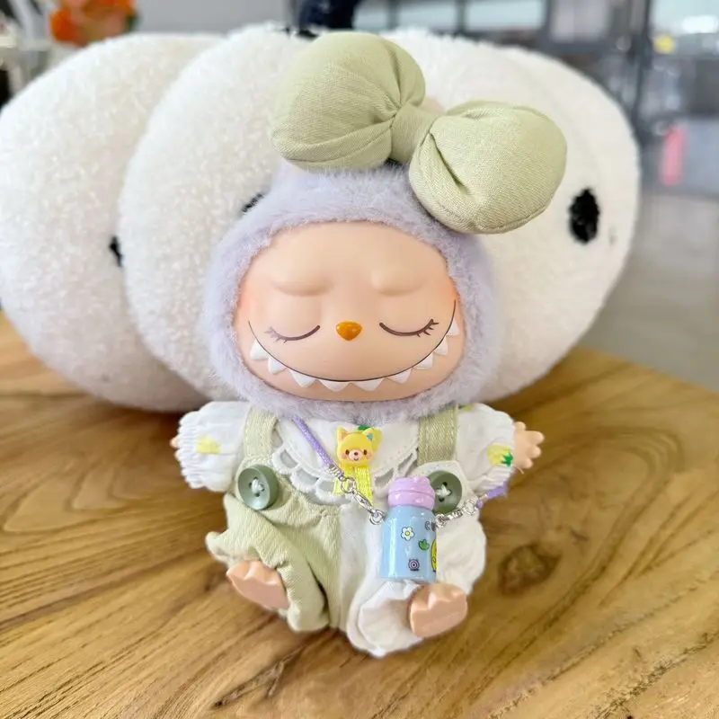 Adequado para labubu primeira segunda geração pano rosa e branco alças de gatinho roupas de bonecas arco bandana acessórios de bonecas