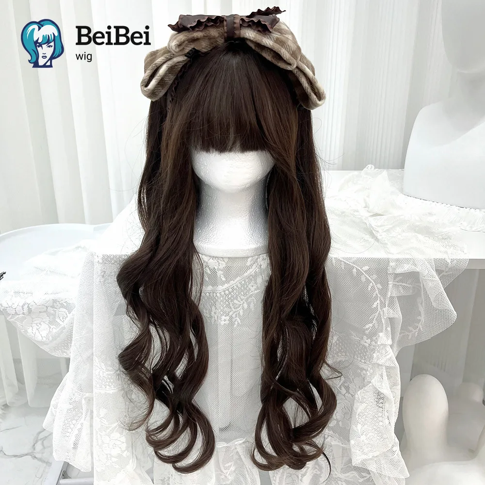 Brown Wigs with Bangs 28 Inch Straight Bob Synthetic Wigs with High Temperature Fiber Lolita for Women Girls Party Cosplay Use