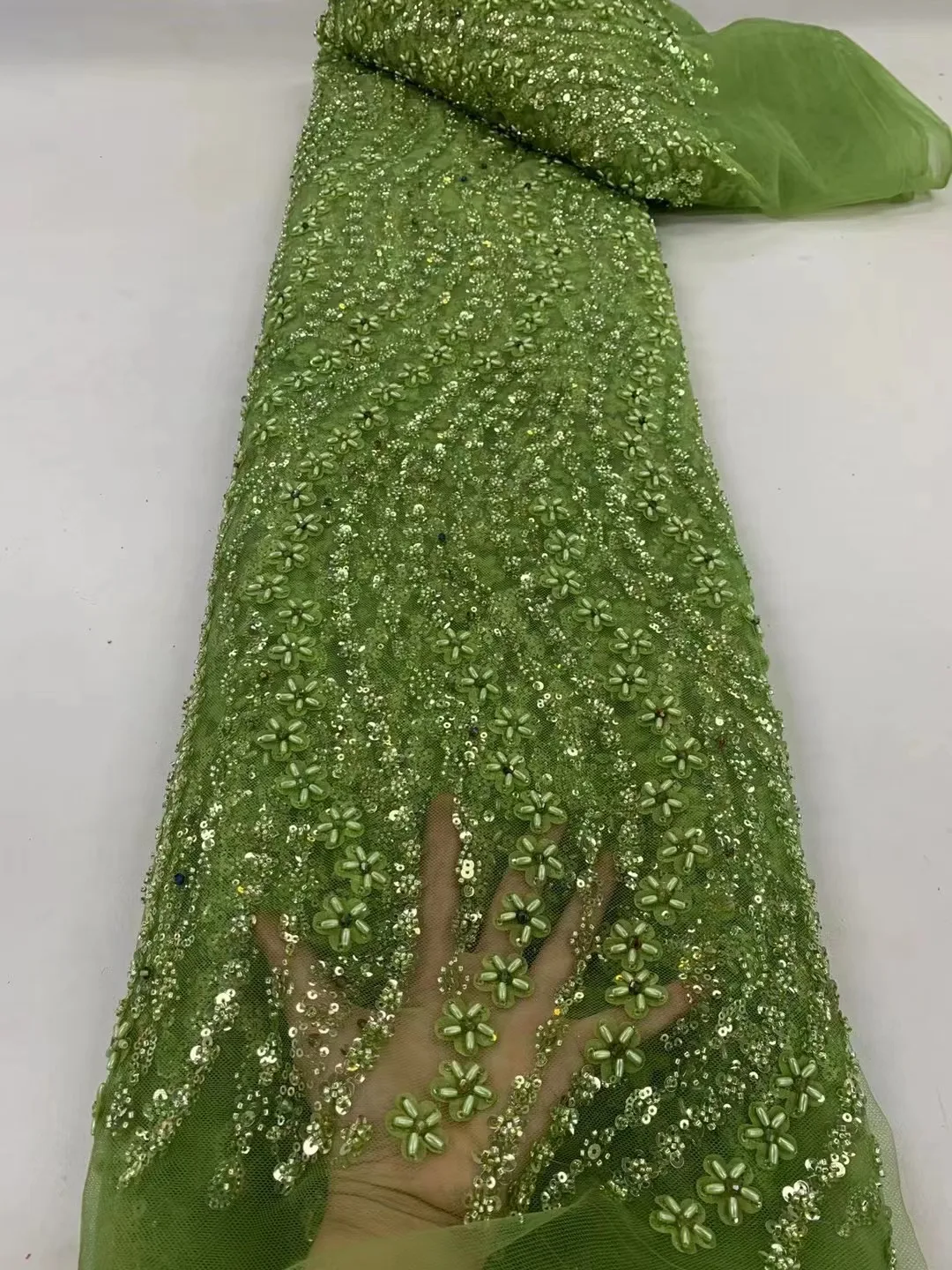 

5 Yards Luxury African Sequins Groom Lace Fabric 2024 green High Quality French Nigerian Beaded Lace Fabric For Wedding Dress