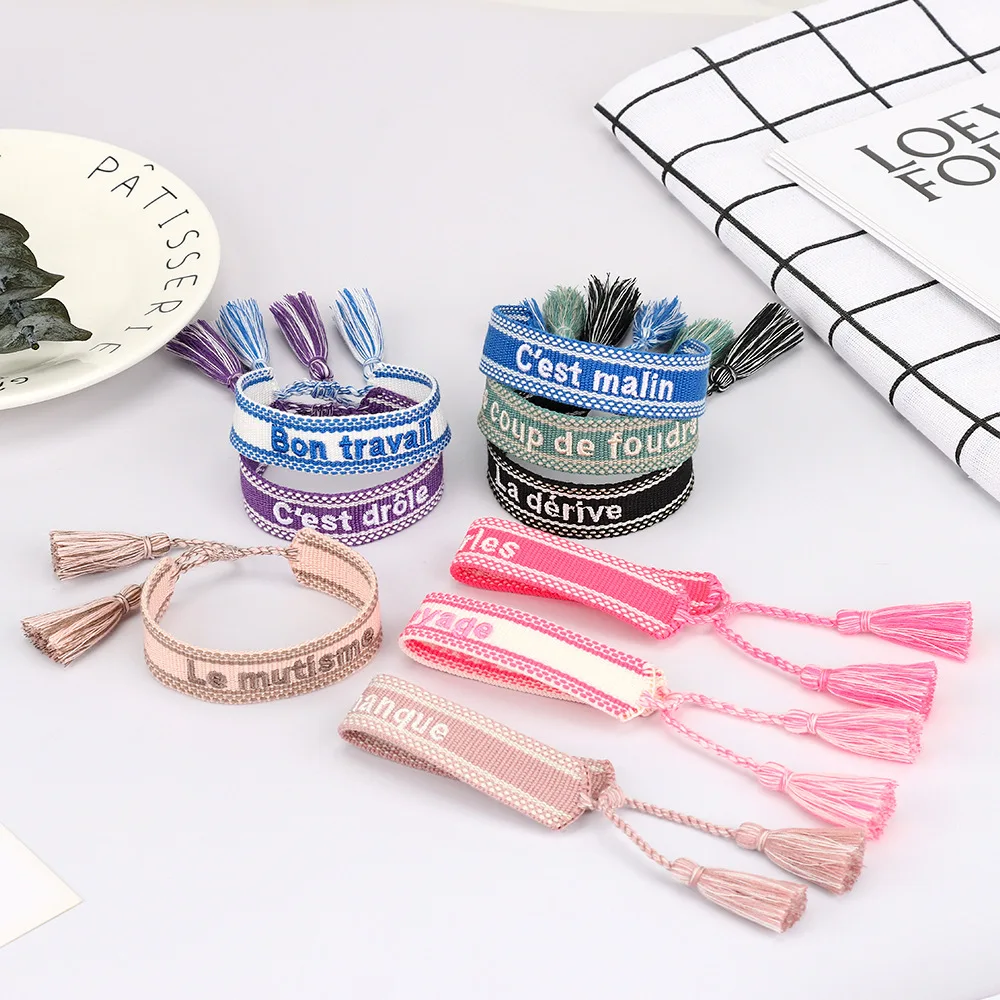 Bohemia Creative Handmade Embroidery French Letter Bracelet For Women Handmade Woven Tassel Bracelet Fashion Jewelry Wholesale