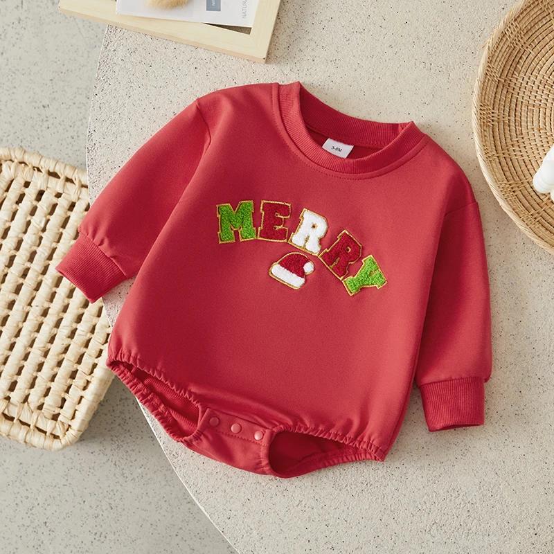 Suefunskry Baby Girls Boys Christmas Jumpsuit Long Sleeve Crewneck Letter Embroidery Sweatshirt Romper