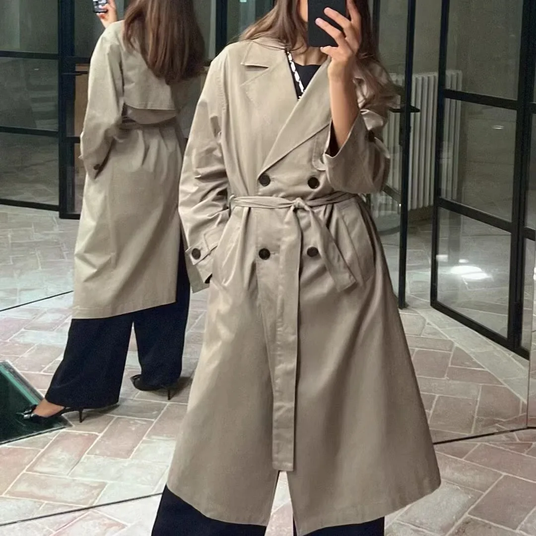 

Casual Long Sve Coat with Belt Autumn Winter New Arrival Women's Faion Sweet Sle Tailored Collar Mid-Length Outerwear