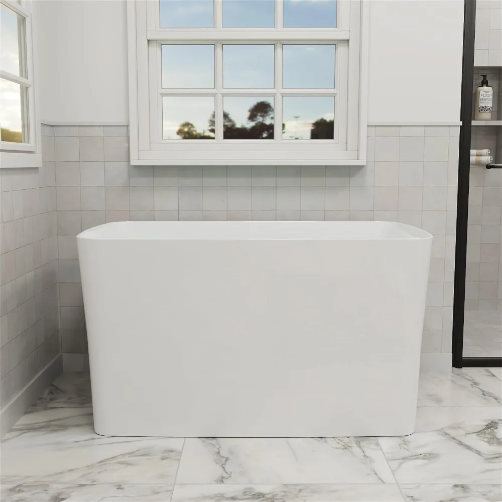 Luxurious 47Inch Lucite Acrylic Freestanding Bathtub Square Japanese Design Soaking Comfort Seat Chrome Drain Slotted Overflow