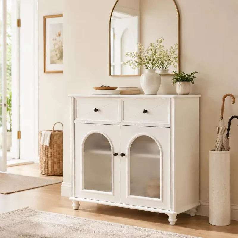 White Farmhouse Sideboard Cabinet With X Drawers And Arched Frosted Glass Doors MDF Dining Room Storage Credenza Wholesale