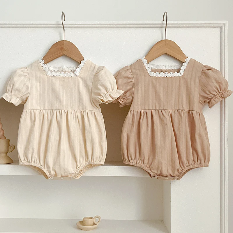 0-24M Newborn Infant Baby Girl Rompers Puff Sleeve Jumpsuit Cute Solid Color Playsuit Sunsuit Summer Infant Girls Clothes