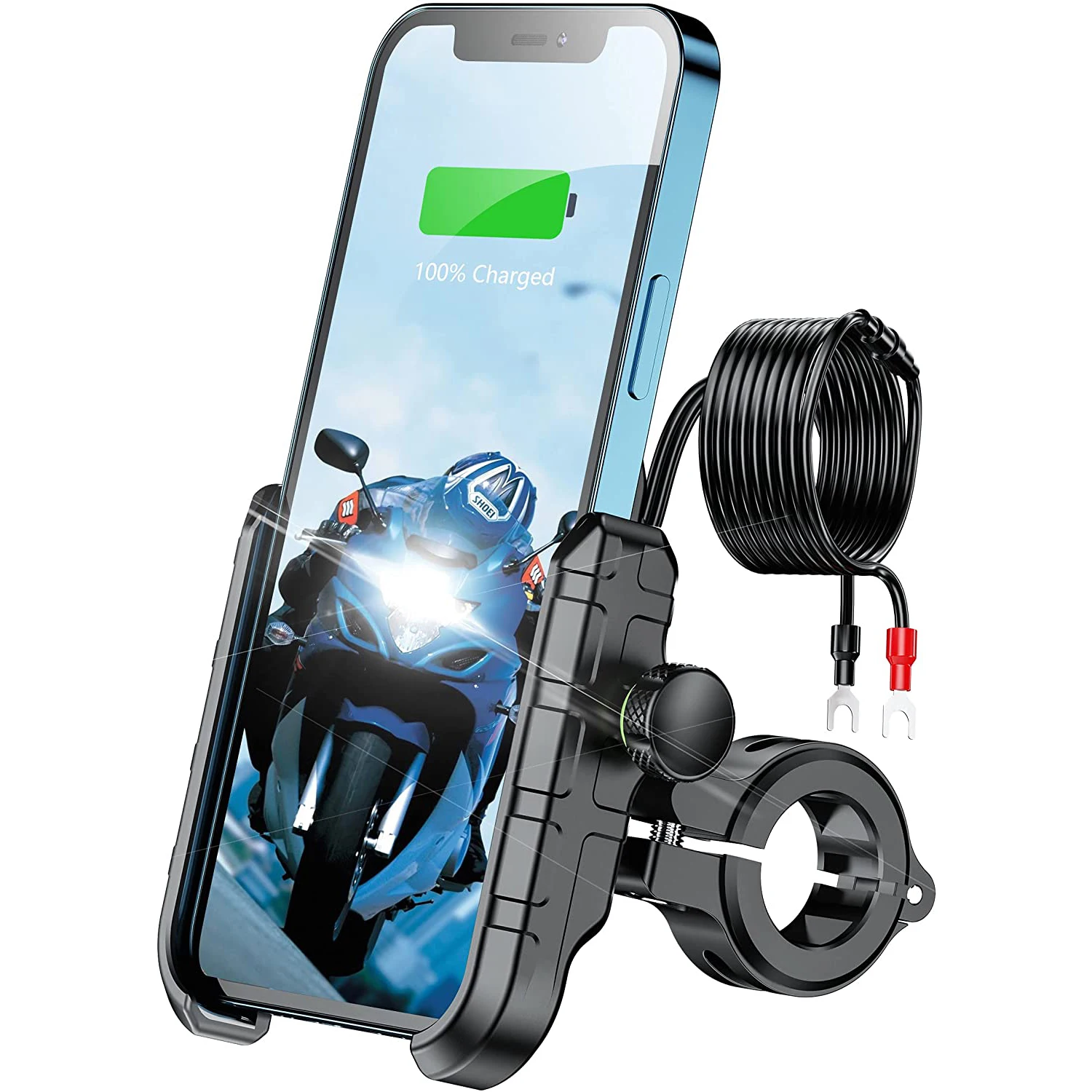 

USB QC 3.0 36W Waterproof 12V/24V Motorcycle Phone Holder Mount on 22-32mm Handlebar Mirror Bar Fit 4-7 inch Cellphones