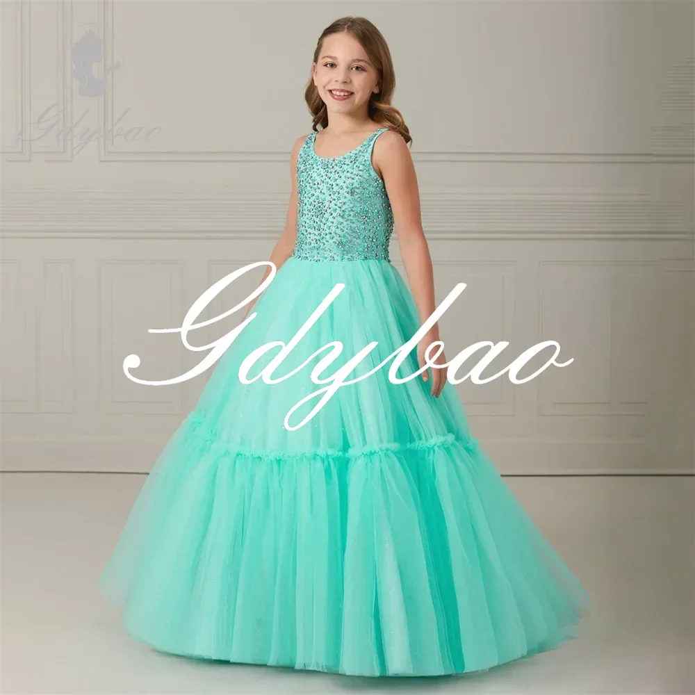 Luxo simples o pescoço manga cristais vestido da menina de flor até o chão clássico elegante plissado primeira comunhão vestido personalizado 2025