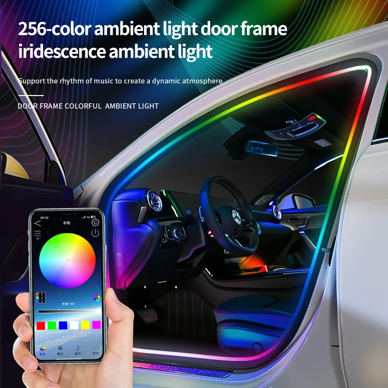 

Светодиодная RGB-лента для автомобиля, 64 цвета, синхронизация с музыкой, подсветка дверных рамок, управление через Bluetooth/приложение/пульт, 8 режимов