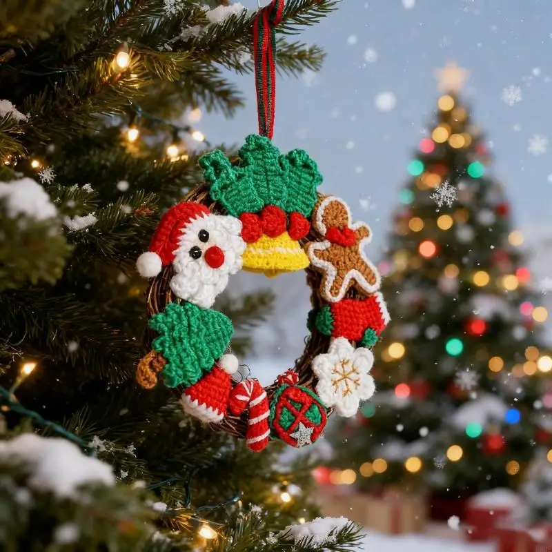 木製アクセント付きサンタ ニット リース 耐久性のあるホリデー オーナメント ニット サンタ デコレーション 季節の装飾用 B03E