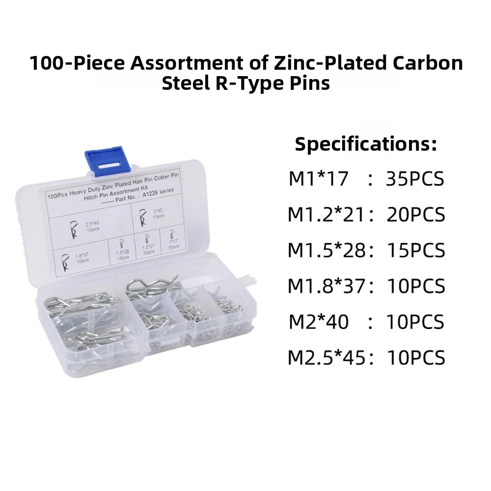 R-Shape Design Split Cotter Pins Carbon Steel Material Plastic Box Storage Hitch Pin Clips Galvanized Finish Retaining Pin Kit