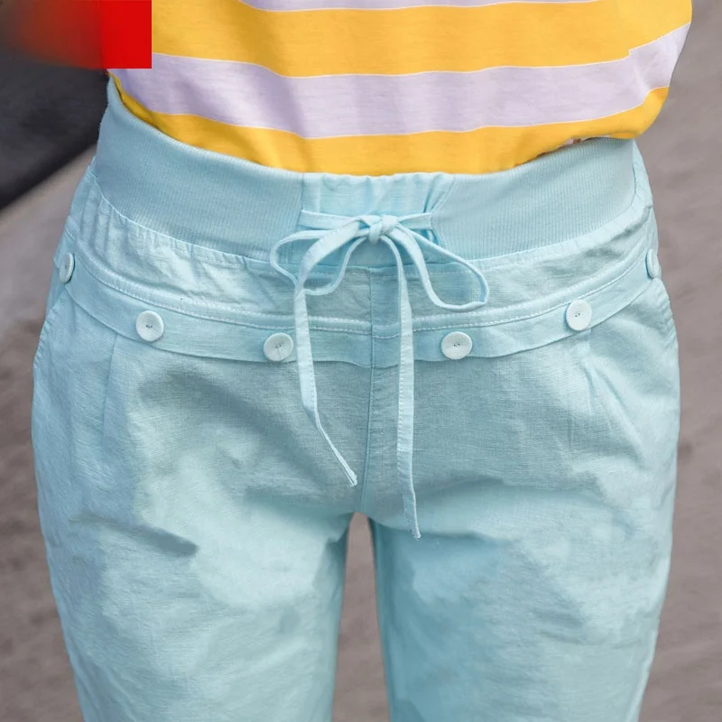 

Женские летние тонкие брюки-кюлоты из хлопка и льна с высокой талией, корейский стиль, свободные, повседневные, утягивающие, в стиле Харлан