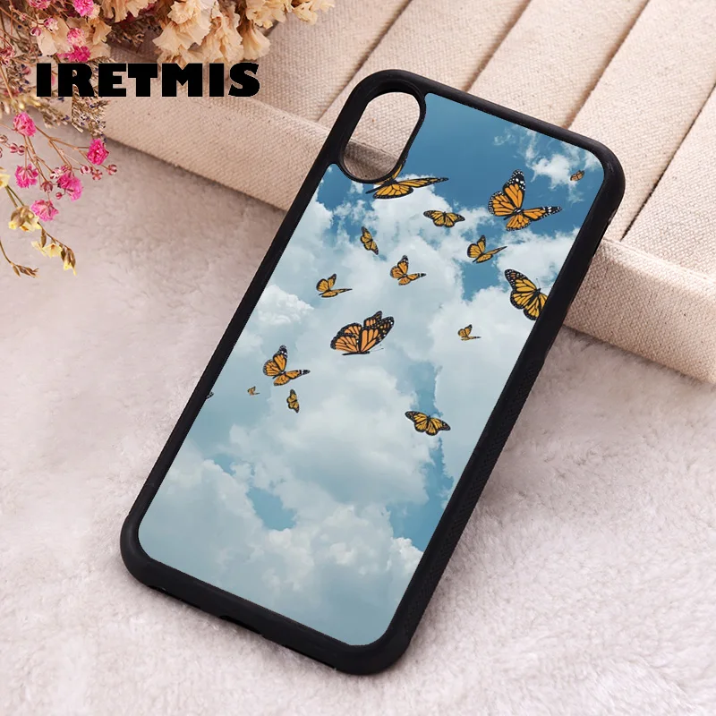 Iretmis Phone Cover Case For iPhone X XS Max XR 11 12 13 PRO MINI 14 15 16 Plus Rubber Monarch butterflies flying in the sky