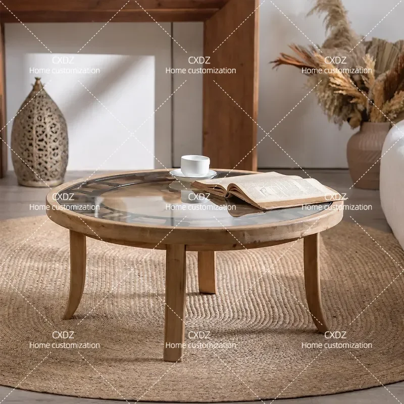 Medieval Style Creative Clock Coffee Table Tempered Glass Japanese Small Round Table Solid Wood Side Table for Living Room