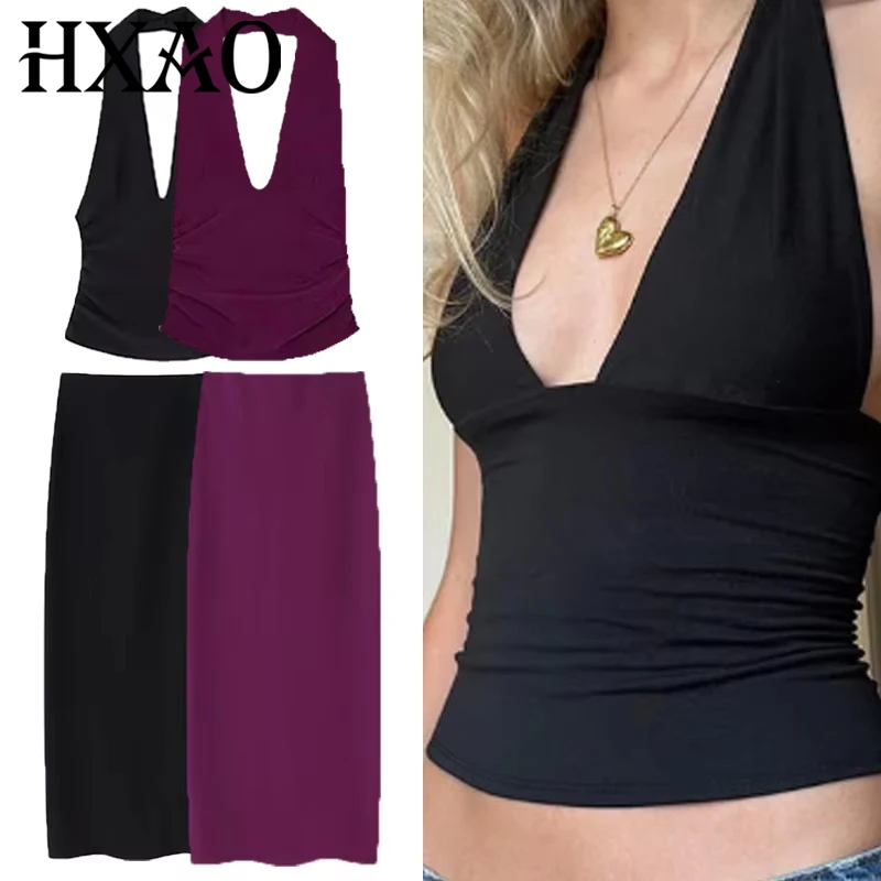 

HXAO Фиолетово-черная юбка Женский комплект из двух предметов Укороченный топ с лямкой на шее 2-х предметный комплект Женский наряд Костюм с высокой талией Пляжная одежда