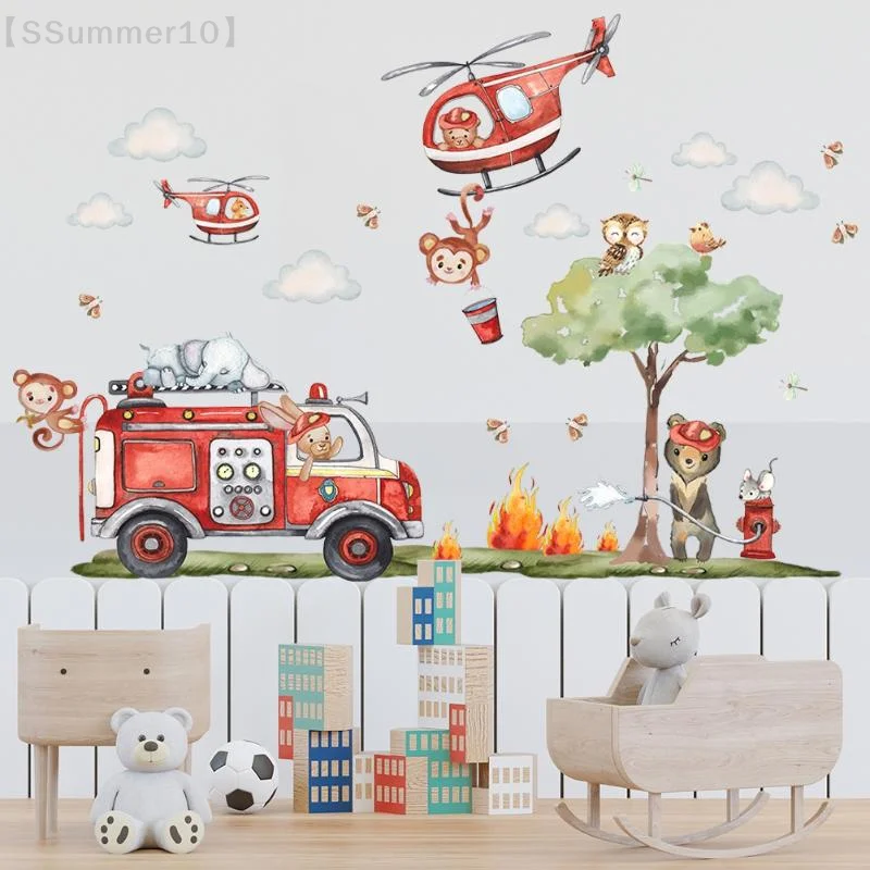 Baby Nursery Wallpaper - 【SSummer10】Cartoon Animal Fire Fighting Truck Children