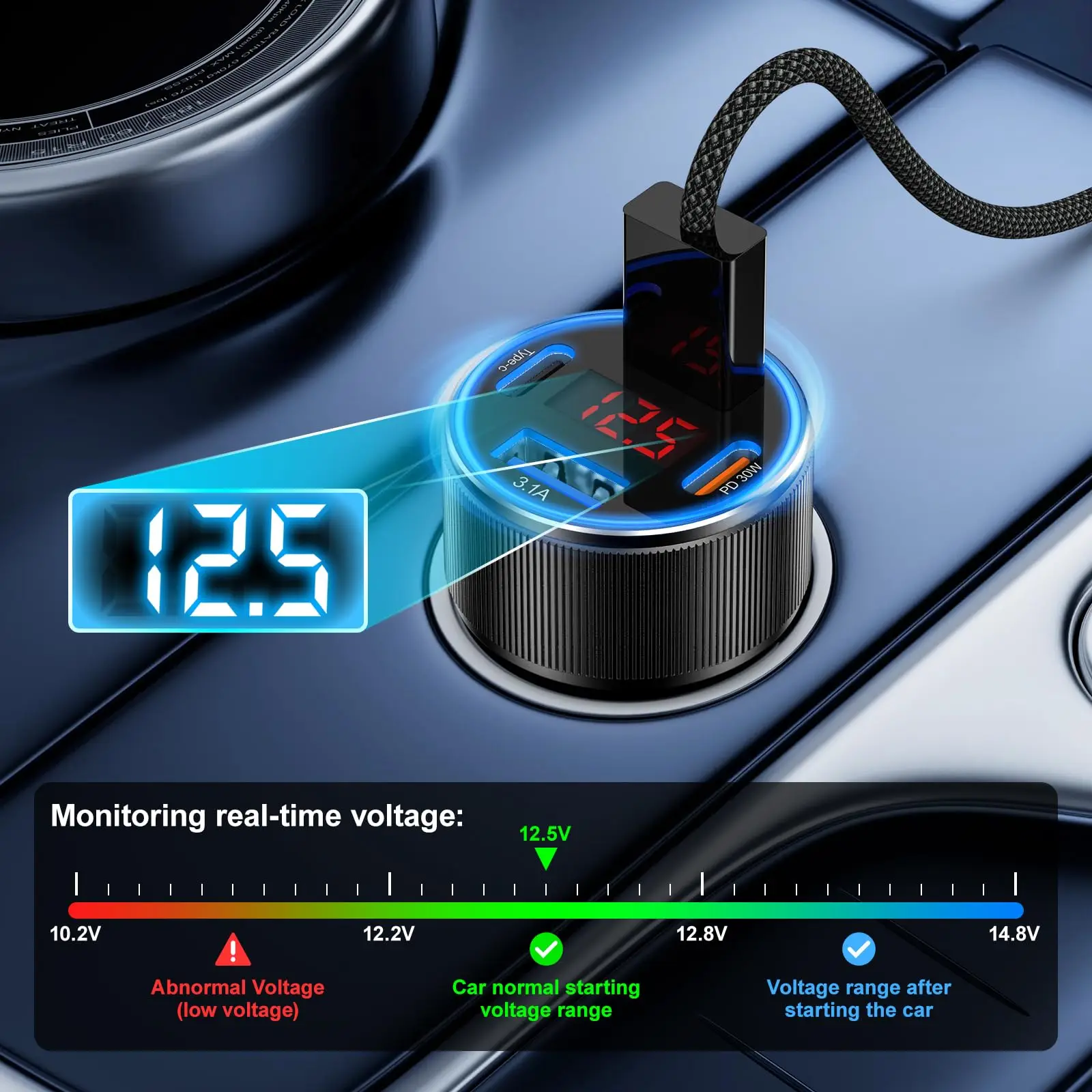 66-250 واط PD شاحن سيارة QC3.0 شحن سريع واحد إلى ستة سيارة ولاعة السجائر التوصيل شاحن سيارة فلاش تهمة مع شاشة ديجيتال