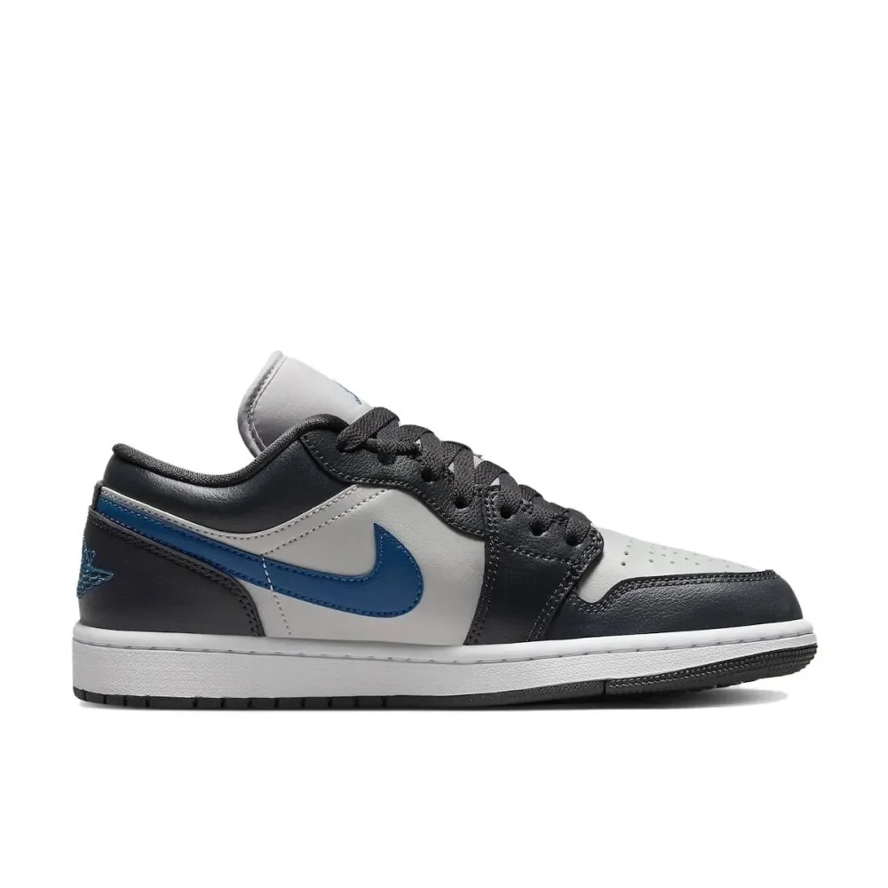 Nike Air Jordan 1 sepatu basket Retro pria dan wanita, sepatu warna hitam abu-abu biru rendah