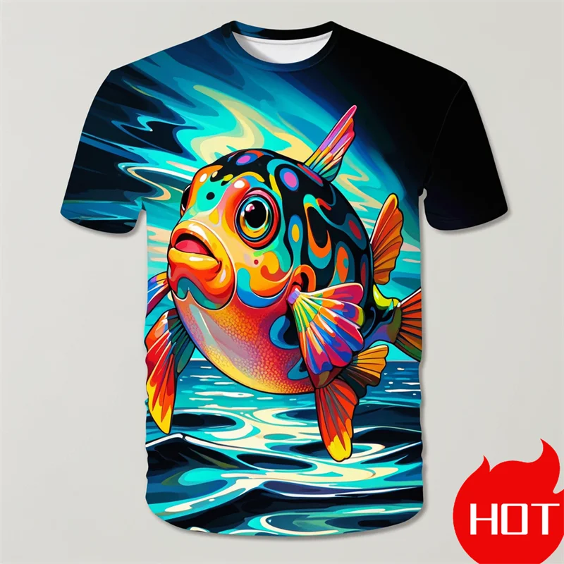 New Men's Summer 3d Printing Hd Printed O-Collar Short Sleeve T-Shirt Puffer Fish Art Personality Retro Plus Size Loose Top