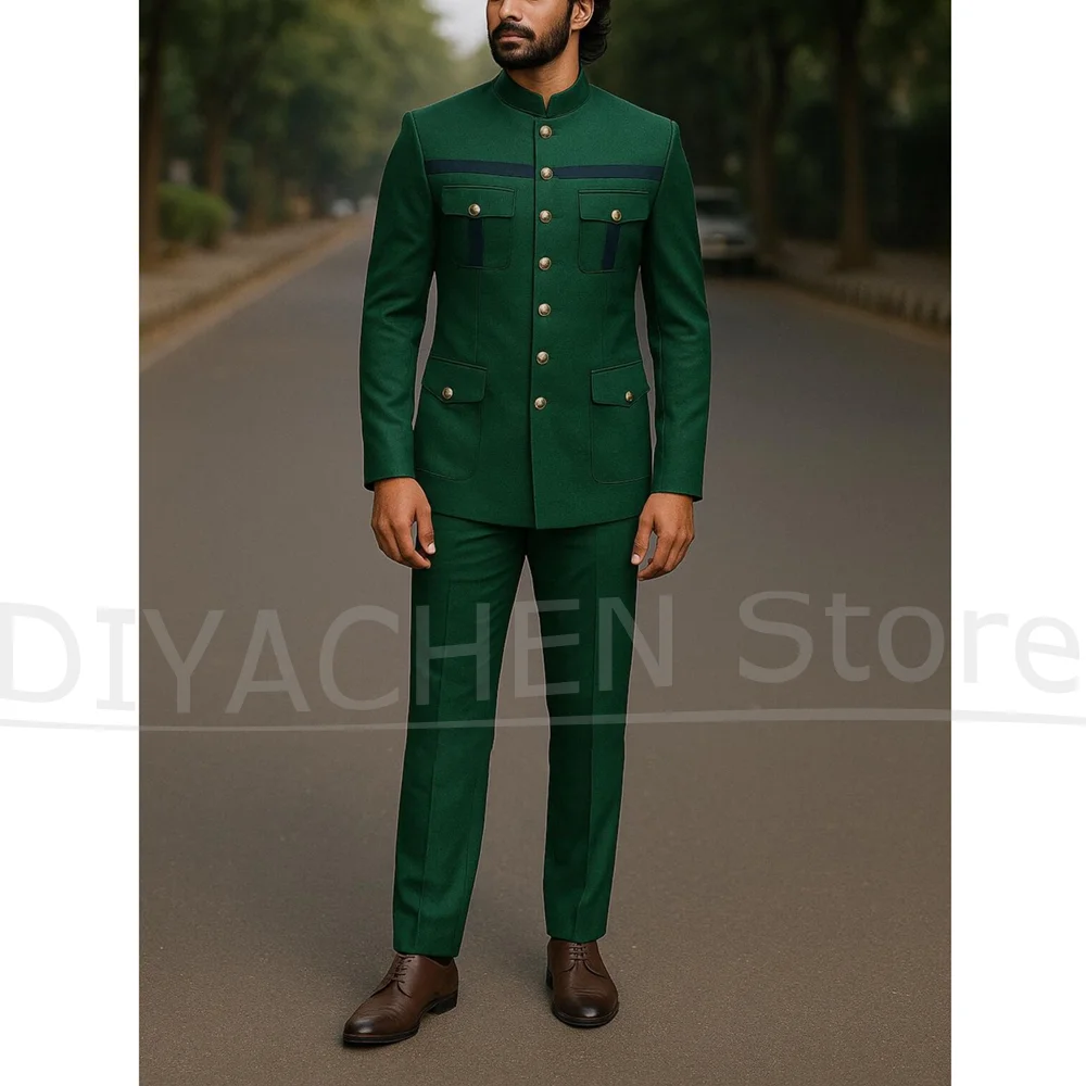 Fashion Men's Mandarin Collar Suit with Contrast Stripes Multi Pocket Outfit Smart Casual Office Wedding Party Male Suit 2 Piece