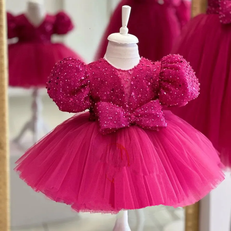 KLFLGD new sequin puff sleeves girls rose red dress toddler first birthday party dress formal original Christmas dress