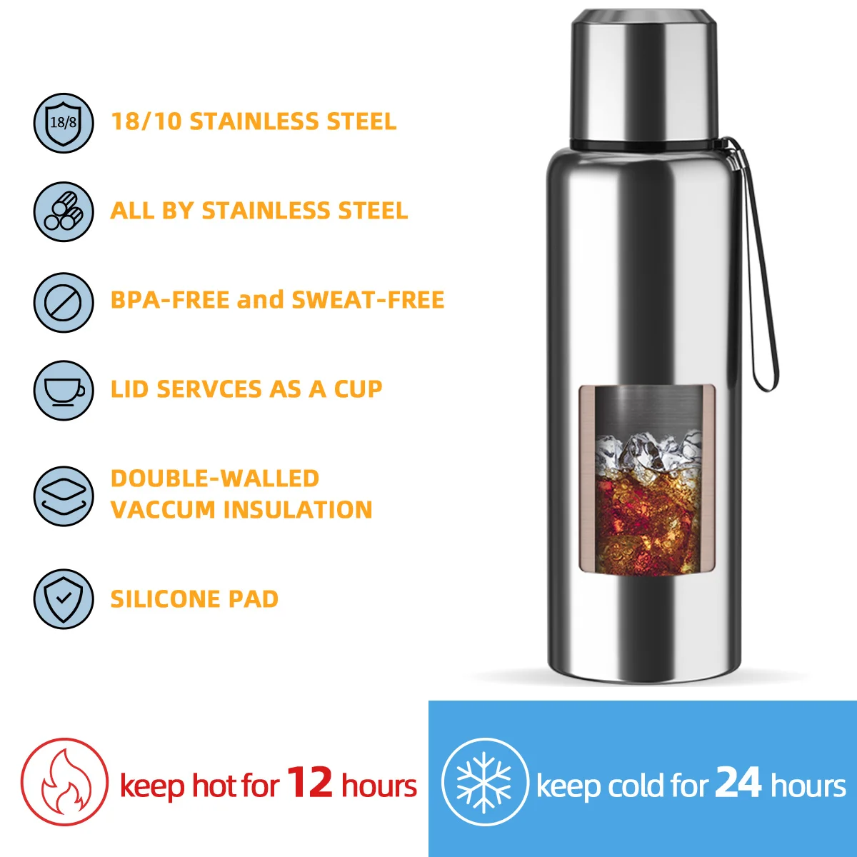 Large Capacity Thermos Bottle, Stainless Steel, Insulated Water Bottle, Outdoor Portable Vacuum Flask for Coffee Beverage