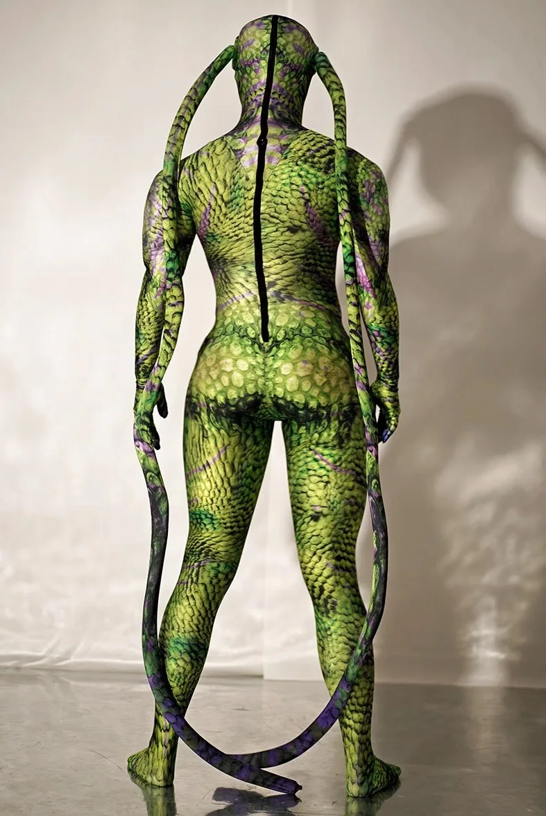 Halloween Rave Party Role playing Stage Clothes Green bodysuit snake Spandex Stretch Skinny Jumpsuit Men Women play Costume