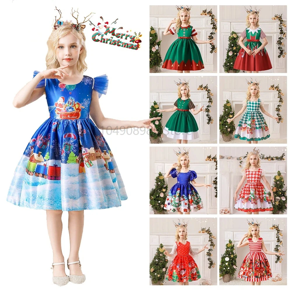 

Santa Claus Plaid Print Girls Princess Dress Elegant Merry Christmas Gown Girls Snowflake Printed Dress Christmas Gown