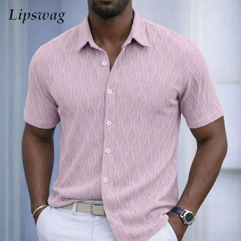 

Vintage Mens Solid Color Shirts Short Sleeve Button-up Turn-down Collar Casual Shirt Spring Summer Stylish Men Textured Cardigan