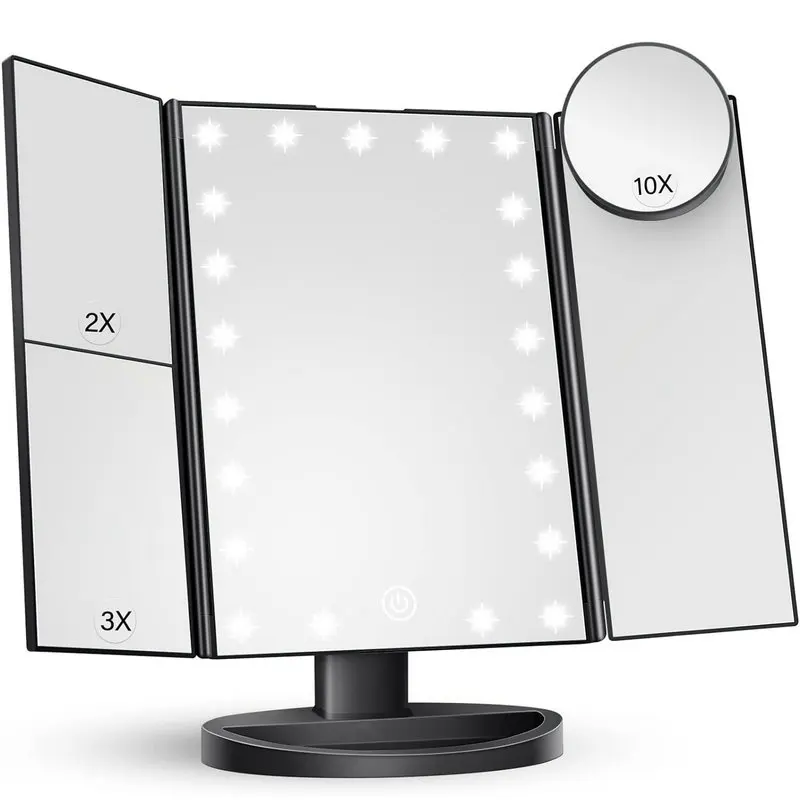 

Dresser Mount Tri-Fold Lighted Makeup Mirror with 21 LED Lights Touch Screen 10X/3X/2X/1X Magnifying Two Power Supply Modes