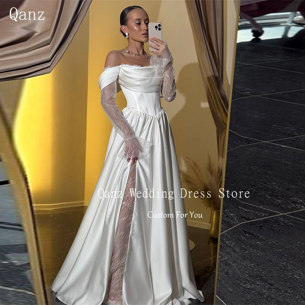 

Qanz Elegant Off Shoulder Wedding Dresses Long A Line Lace Detachable Sleeves Bridal Gowns Corset Robes De Soirée Customized