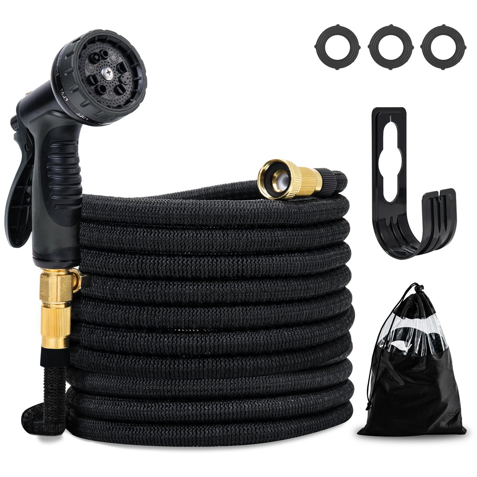 

Expandable Black Garden Hose Kit 15M Water Pipes with Spray Nozzle Solid Brass Connectors for Car Wash Garden Farm Irrigation