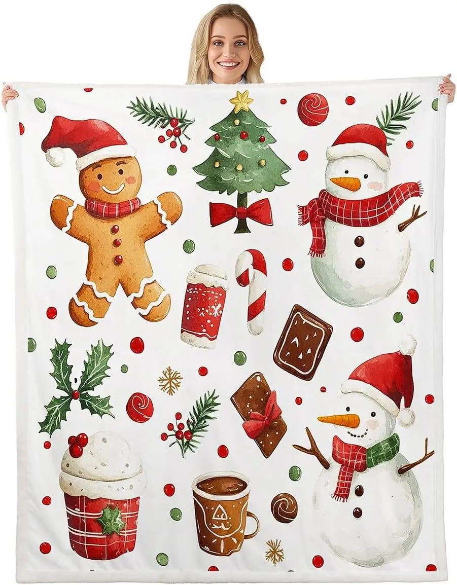 

Одеяло с пряничным человечком, рождественские плюшевые одеяла со снеговиком для детей, подростков и взрослых, одеяло из шерпа с Новым годом, всесезонное использование