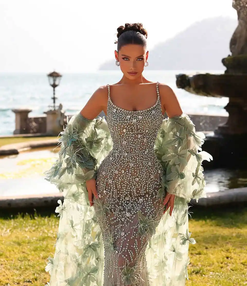 Spaghetti Straps Crystal Mermaid Evening Dresses Elegant Floral Appliques Prom Dress Rhinestone Party Gown Customized