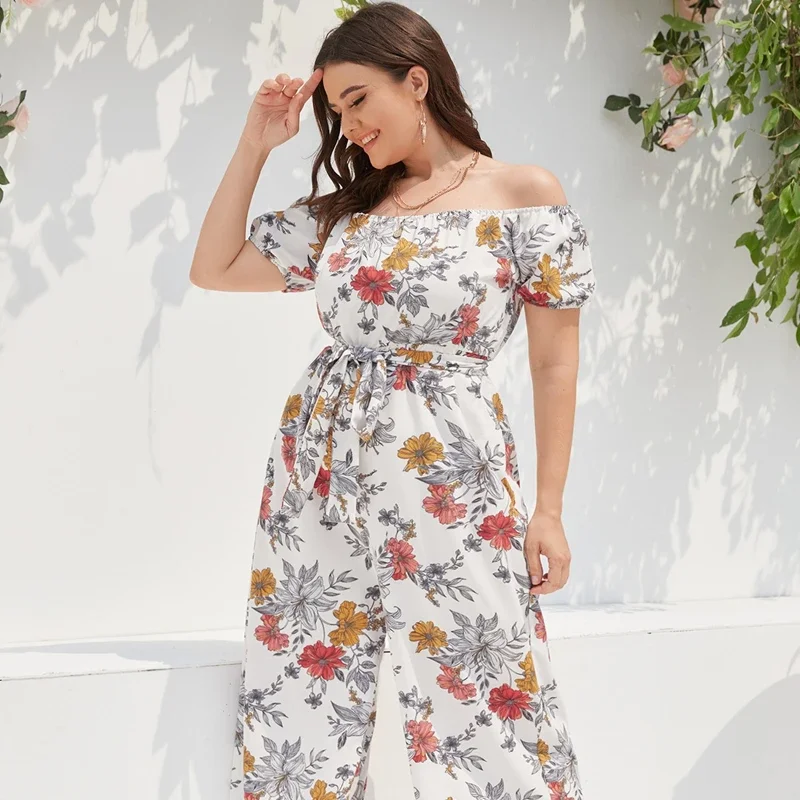 Plus Size Floral Print Eleganckie letnie kombinezony damskie z ukośnym dekoltem i krótkim rękawem z szerokimi nogawkami Casual Boho Jumpsuits Duży