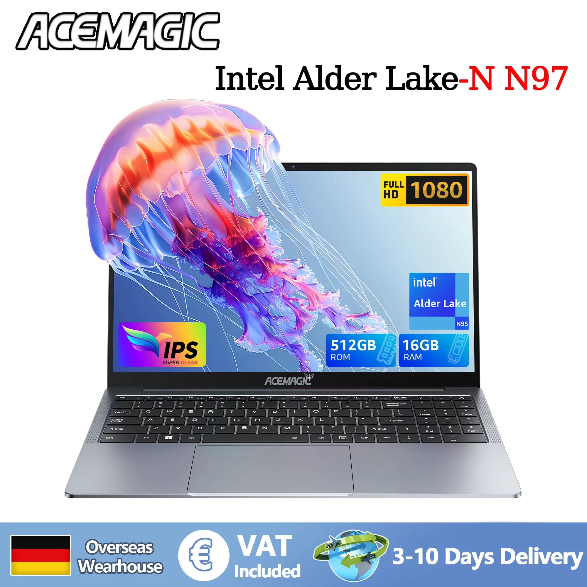 ACEMAGIC AX16 Laptop Intel N97 16 Zoll 16GB LPDDR4 RAM 512GB SSD Leichter Business-Computer Notebook-PC Windows 11 Pro
