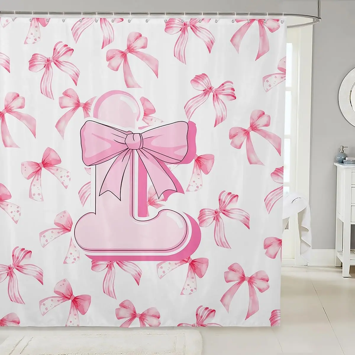 

Pink Bow Pattern Monogram L Shower Curtain Cute Floral Ribbon Design Girls Bathroom Decor Bathroom Accessories Modern Fashion