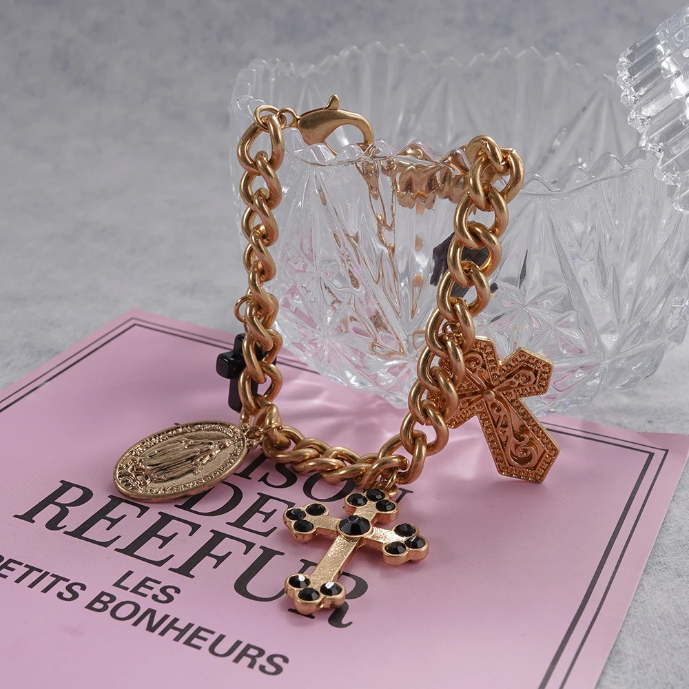 سوار سلسلة ذهبي عتيق مع سحر متقاطع متعدد لهجات كريستال سوداء دينية مريم العذراء قلادة بوهو قوطي #4