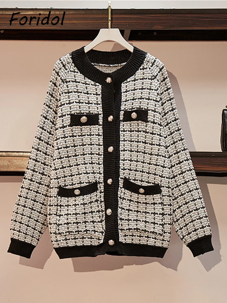 Foridol Oversize Knit Plaid Vintage Cardigans Sweater Autumn Winter Thick White Black Casual Loose Cardigan Pearl Button