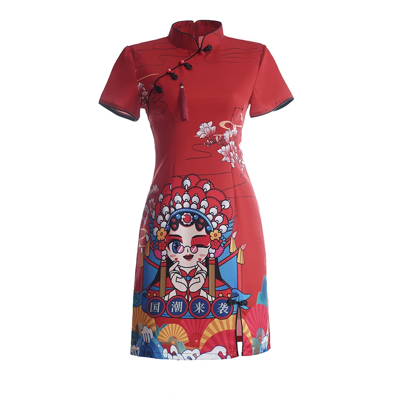 Chinese Traditional Style Girl's Printed Slim Qipao Dress Summer New Short Sleeve Improved Young Cheongsam Women Clothes CNY