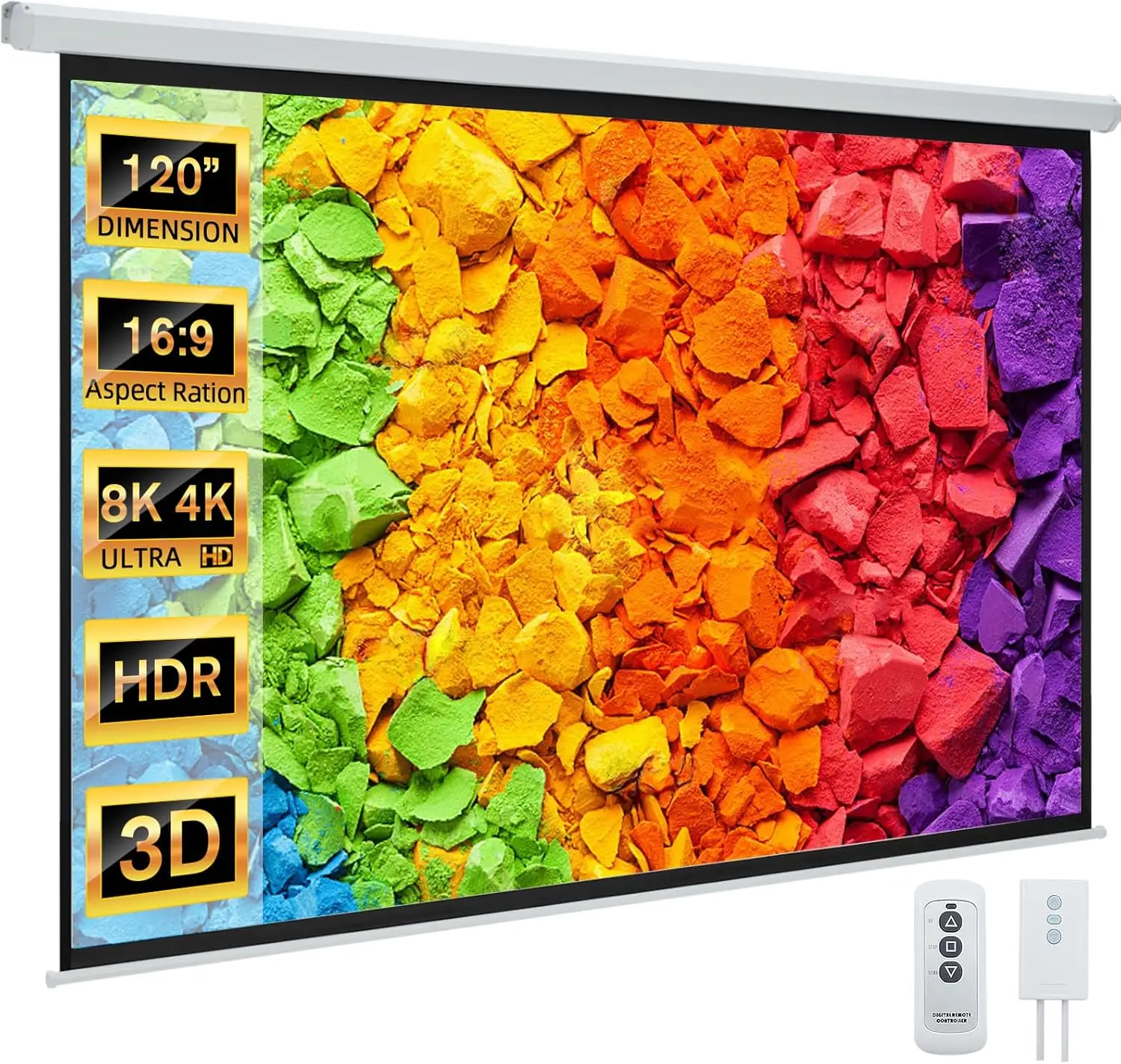 

120" Motorized Projector Screen 16:9 4K HD Pull Down Retractable Electric for Home Theater Office Classroom with Remote