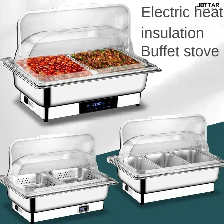 New breakfast stove. Commercial. Electrically heated buffet stove. Stainless steel. For hotel. Tableware holding pan for buffet.