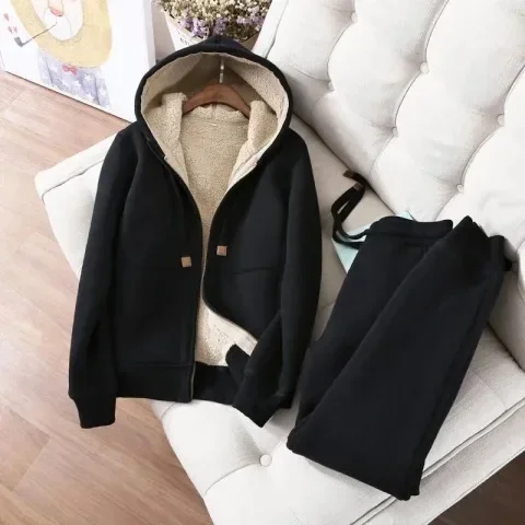 Conjunto de 2 peças de moletons de veludo para mulheres, capuz com zíper, moletons e calças com cordão, streetwear coreano, além de outono e inverno