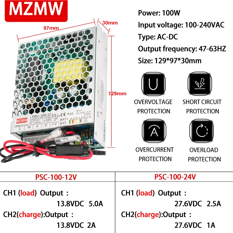 MZMW 100W UPS Charger Switching Power Supply 12V 24V AC To DC 13.8V 2A 27.6V 1A Uninterruptible Power SMPS PSC-100-12 PSC-100-24