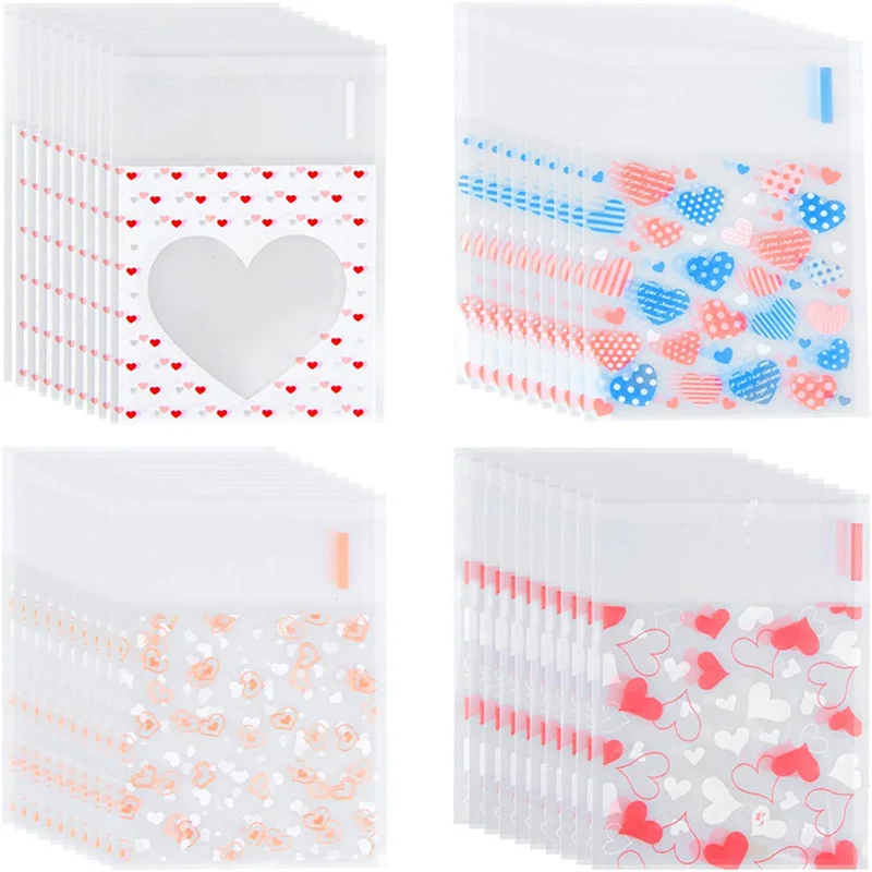 100pcs 7x7/10x10cm Heart Plastic Cello Bag Self Sealing Pouch For DIY Candy Cookies Snack Baking Package Decor Small Business