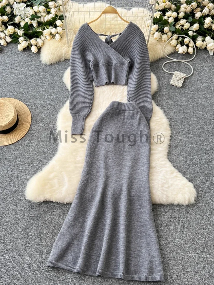 Autumn Retro Gentle Knitted Two Piece Set Women Strappy Bow Tops + Slim High Waist Long Skirt New Design Elegant Solid Suit 2024